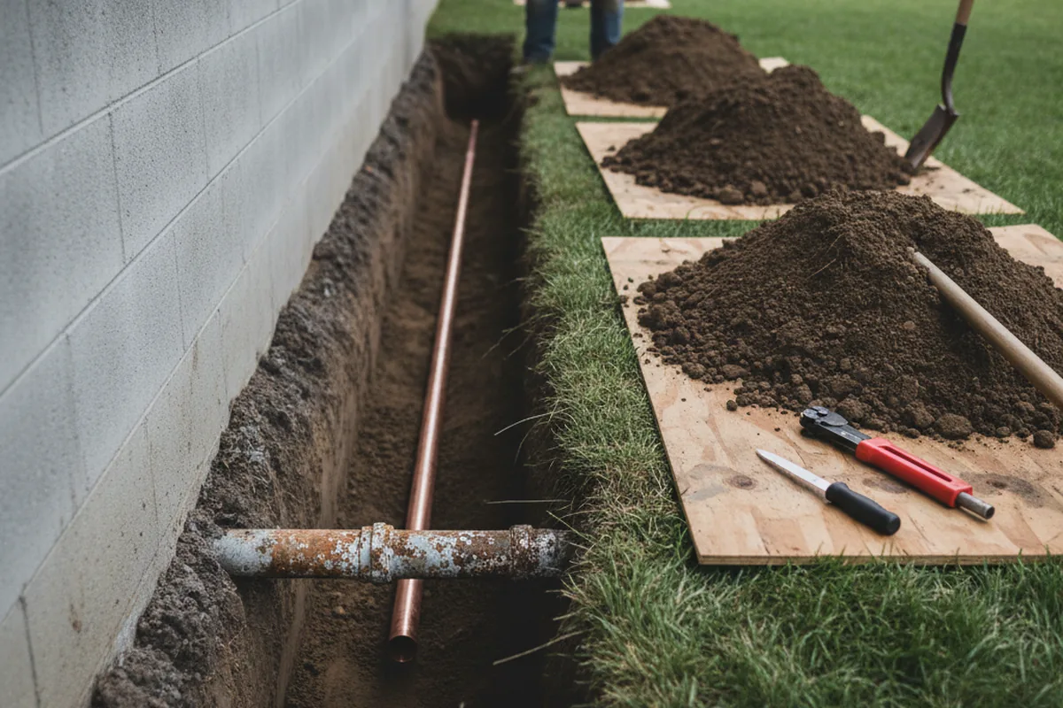 Excavated water line trench during Sewer Line Repair in Oakland